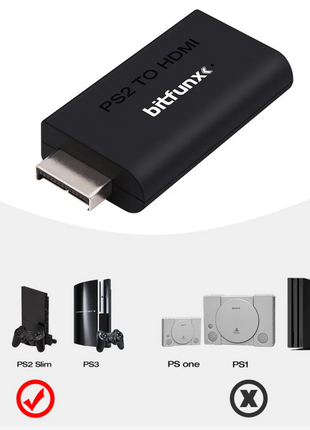 Black PS2 to HDMI adapter with bitfunx branding on a white background, showing compatibility with various gaming consoles.
