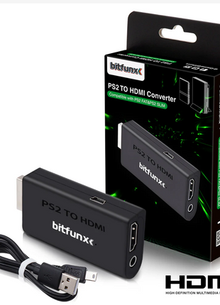 PS2 to HDMI converter with packaging and HDMI logo on a white background