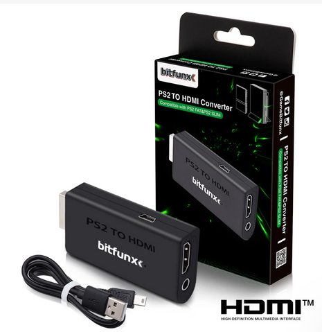 PS2 to HDMI converter with packaging and HDMI logo on a white background