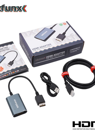 HDMI adapter for the ps2 with packaging and cables on a white background, featuring the bitfunx brand.