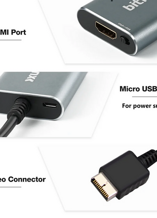 Product with HDMI port, micro USB port, and PS2 video connector on a white background