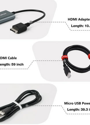 HDMI adapter for PS2 with HDMI cable and micro USB power cable on a white background