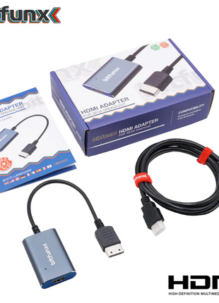 HDMI adapter with packaging and cables on a white background, featuring the bitfunx brand for the Dreamcast.