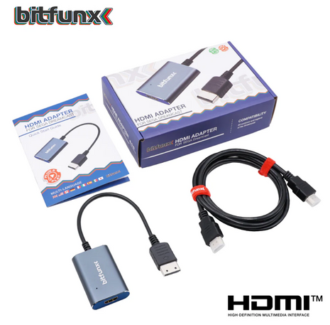 HDMI adapter with packaging and cables on a white background, featuring the bitfunx brand for the Dreamcast.